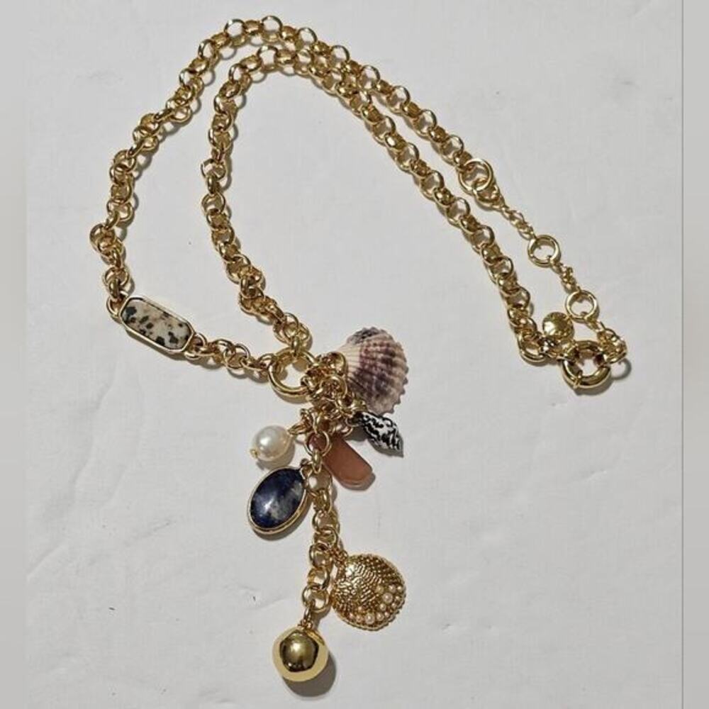 J. Crew Nautical Gold Shell Charm Necklace Stone Pearl Coastal Statement Jewelry